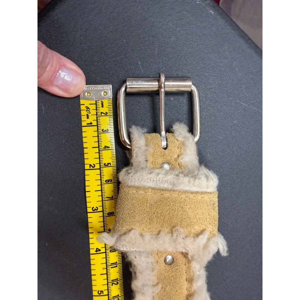 Vintage Tan Suede Shearling Trim Belt Silver Grommet Buckle Made in USA‎ M/L